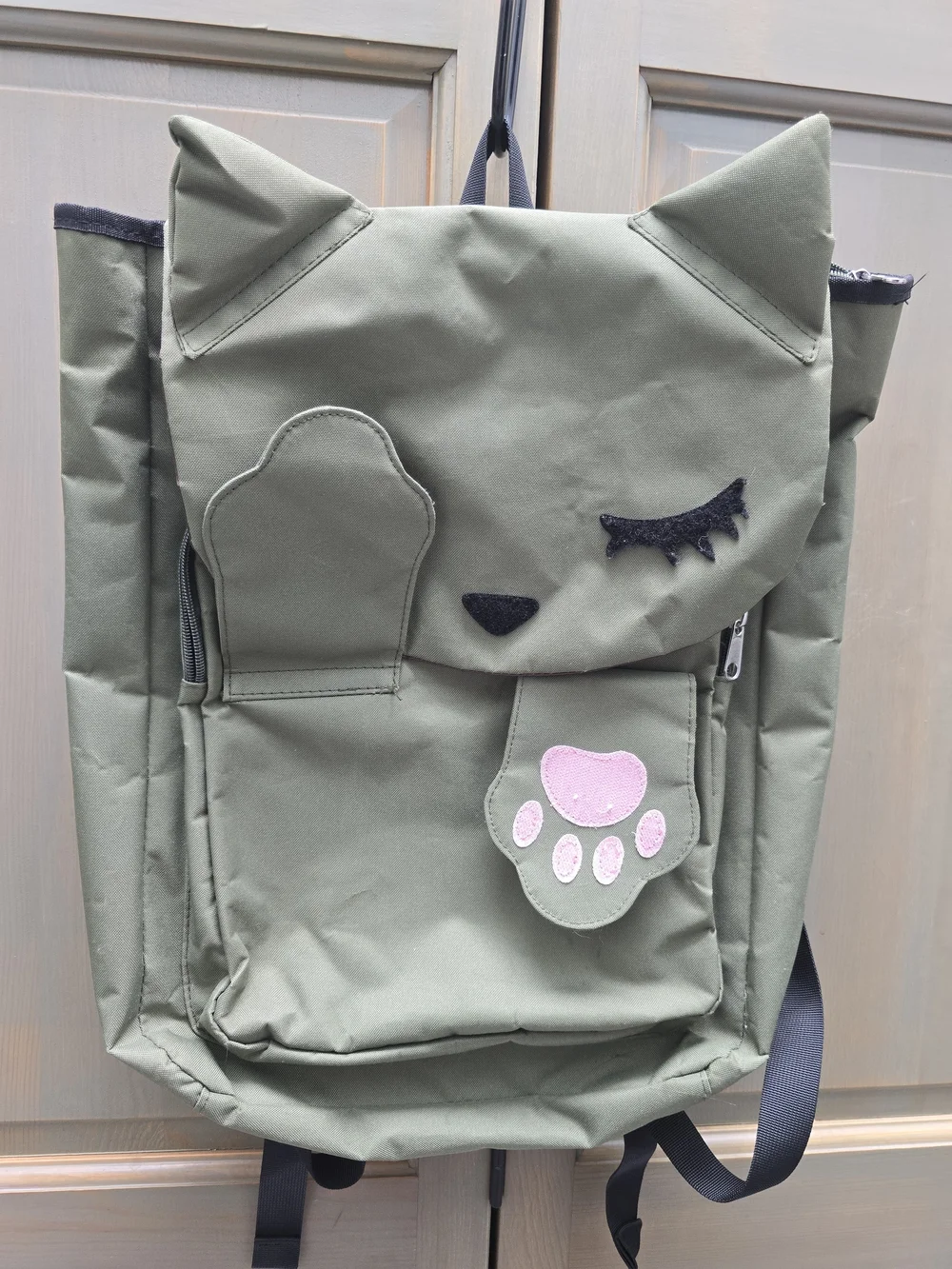 Olive Green Cat Backpack with Pink Paw Accents